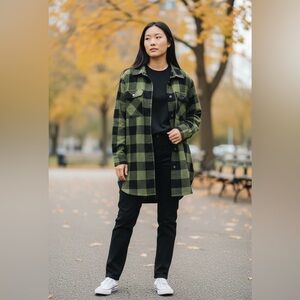 Zeagoo Green & Black Plaid Snap Button Shirt Dress Long Tunic Size L